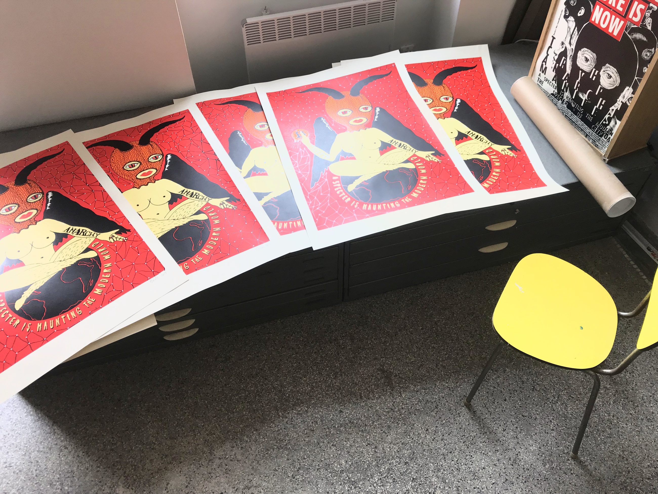 Bitcoin Baphomet prints in my studio on Plynární street, Prague 7