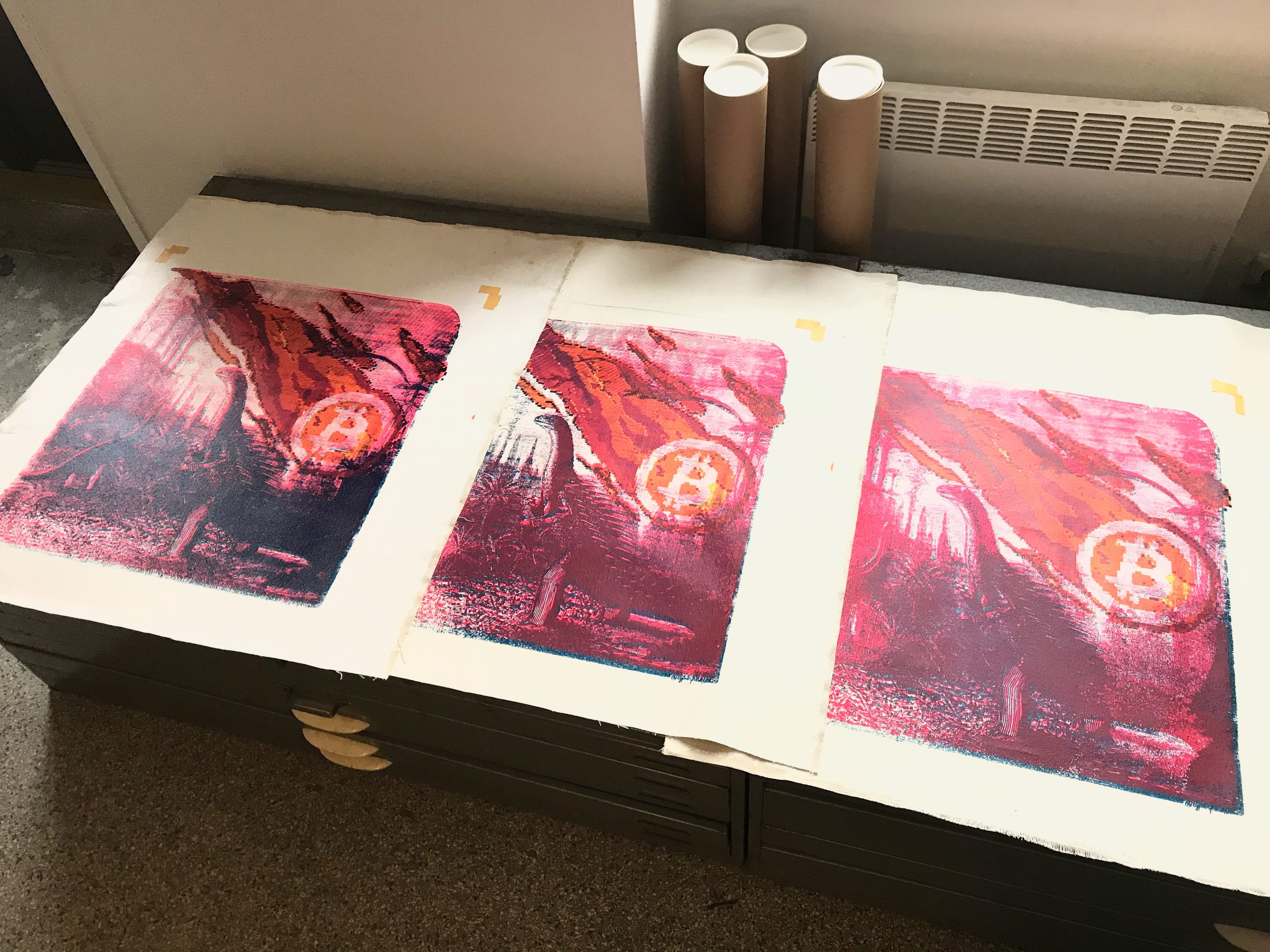 Bitcoin Meteorite, 2019, on canvas — only these three prints exist — on the table