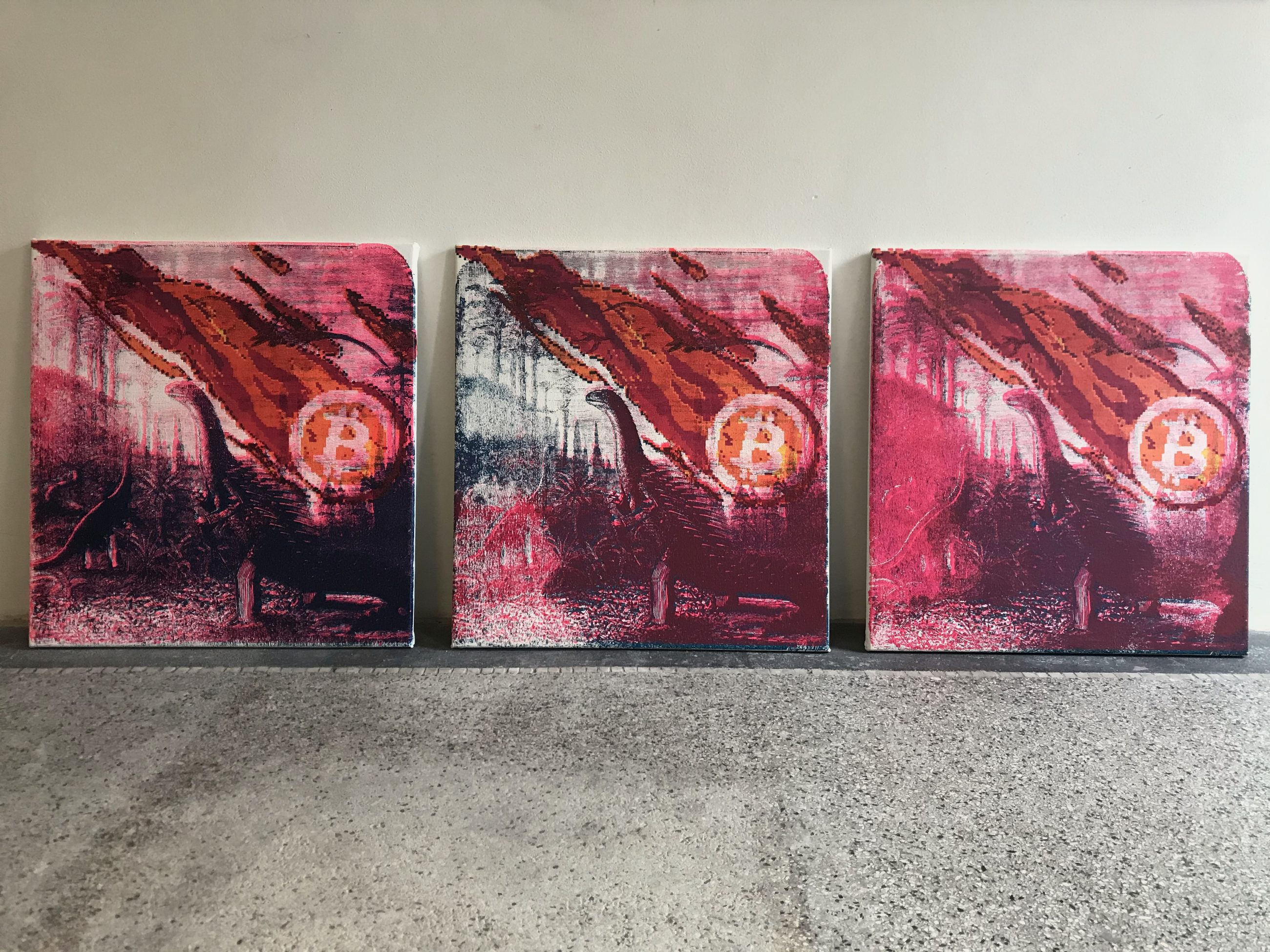 Bitcoin Meteorite, 2019, on canvas — only these three prints exist — leaning against the wall