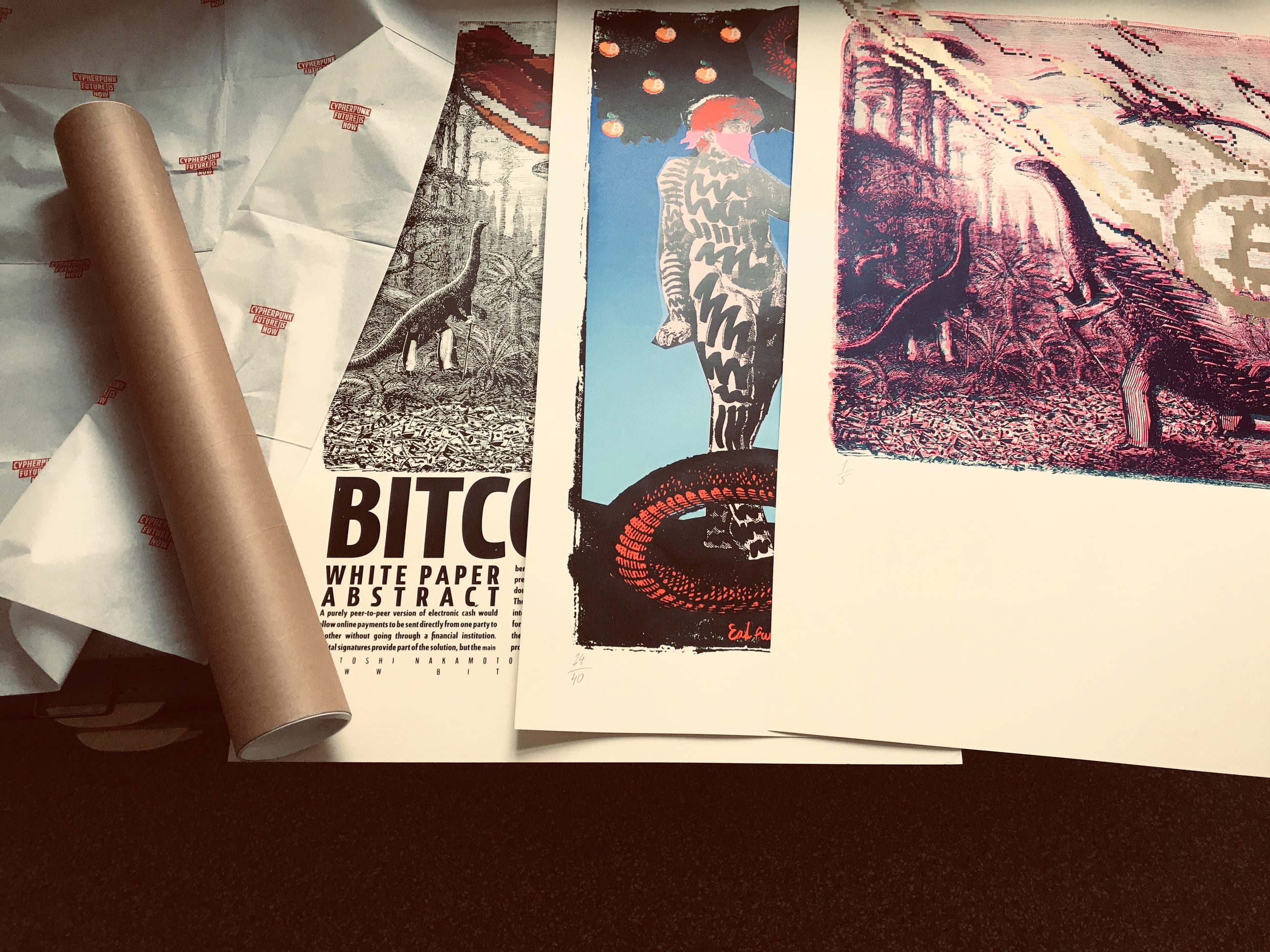 Bitcoin Meteorite, Bitcoin Tree, and Bitcoin Gold Edition prints from 2019