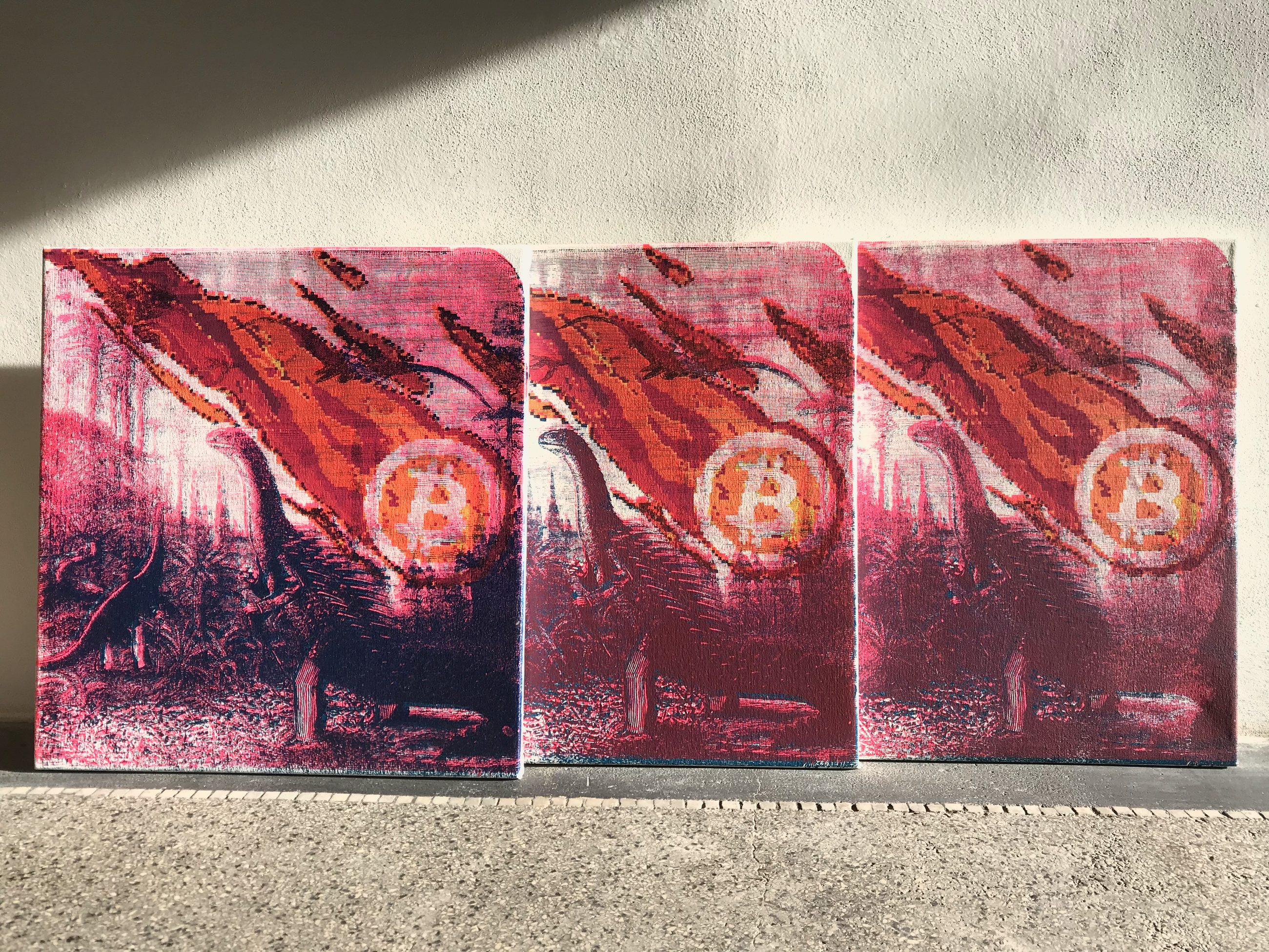Bitcoin Meteorite — triptych, screen print on canvas