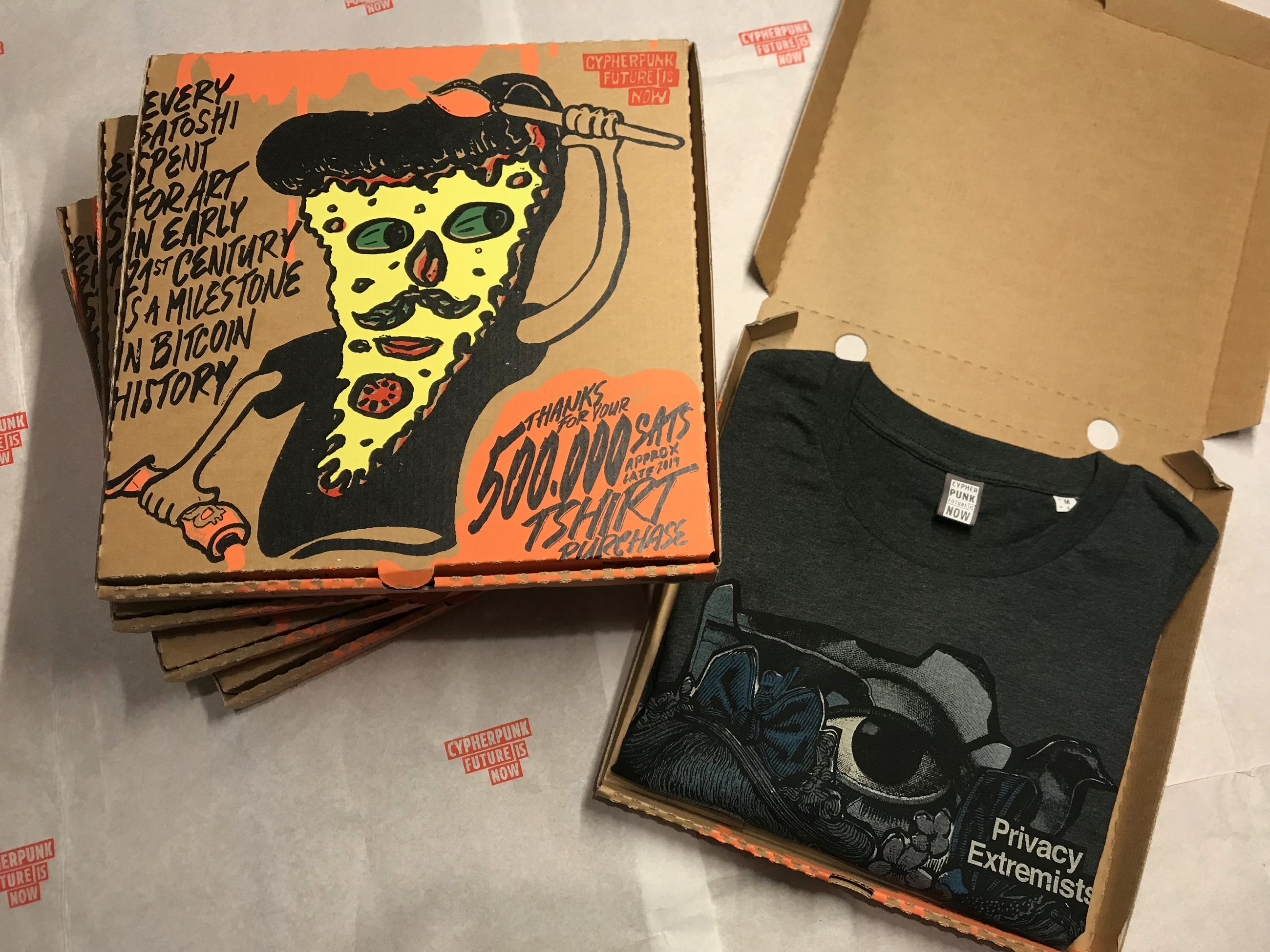 Bitcoin Pizza Box and the Privacy Extremists t-shirt, 2019