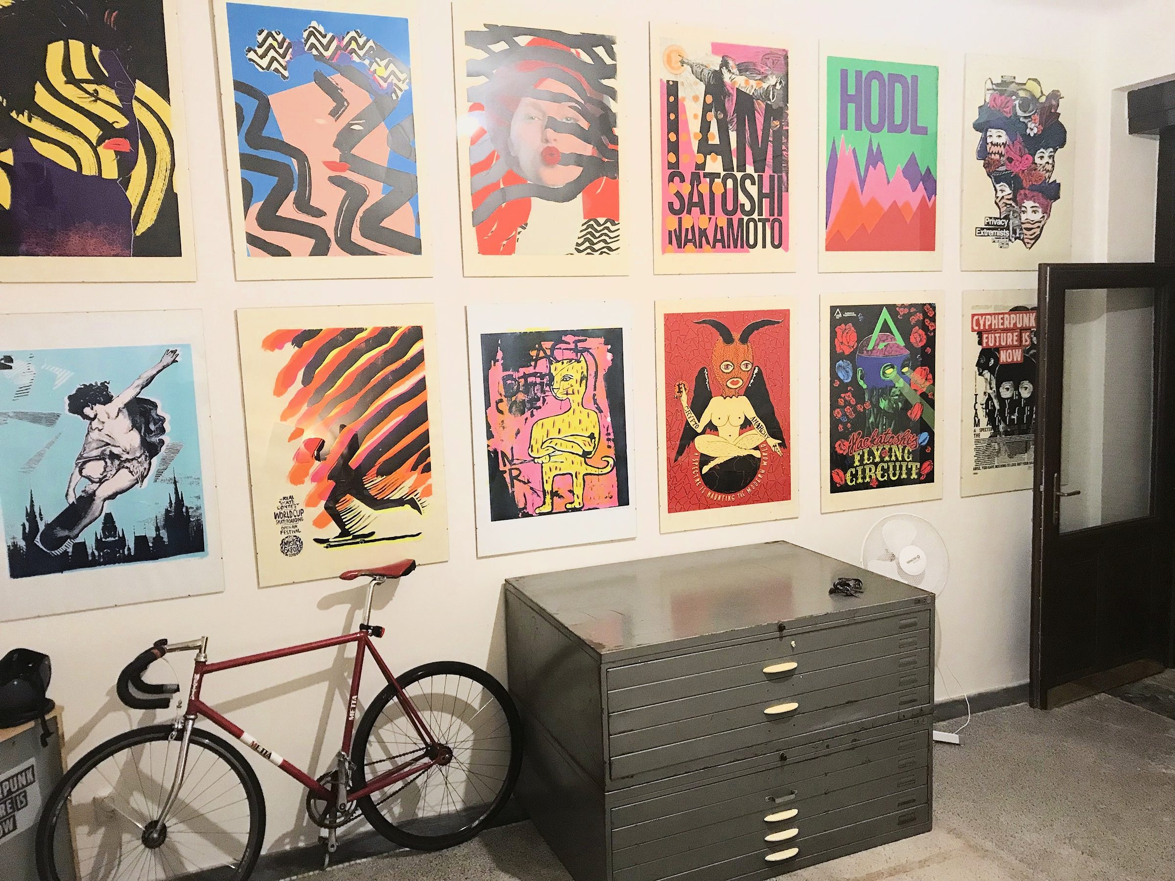CypherpunkNow studio, circa 2019 — posters on the studio wall