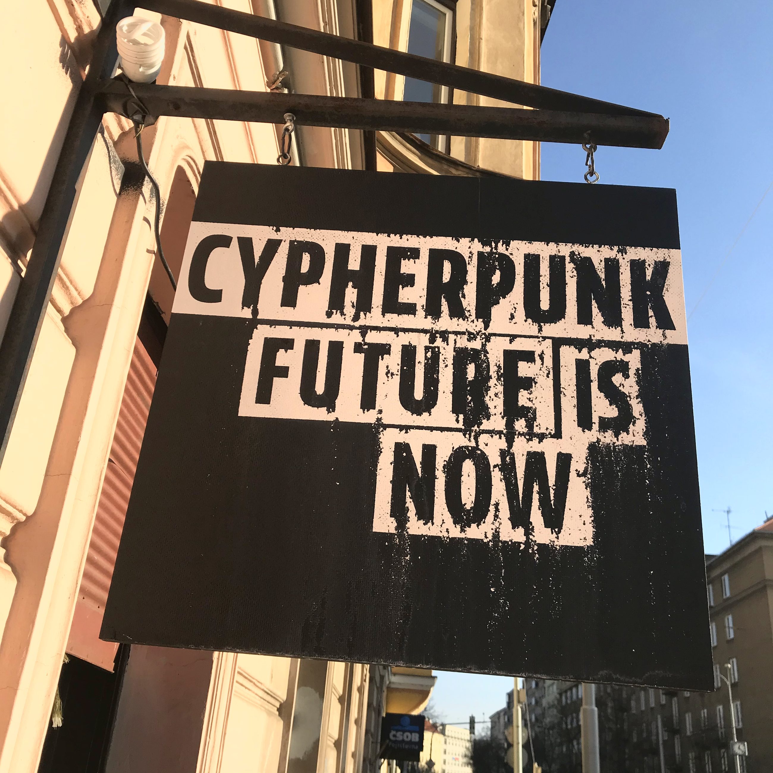 CypherpunkNow studio, circa 2019 — the sign outside