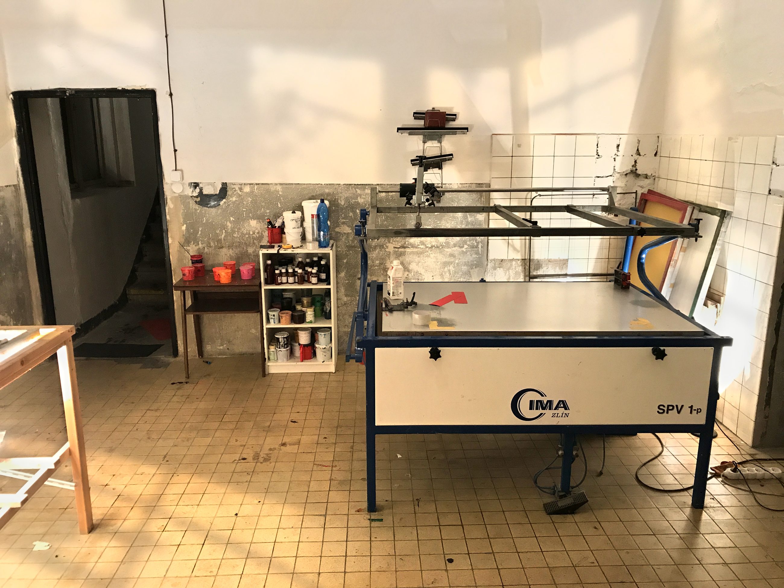 My studio — Továrna, circa 2017 — screen printing table