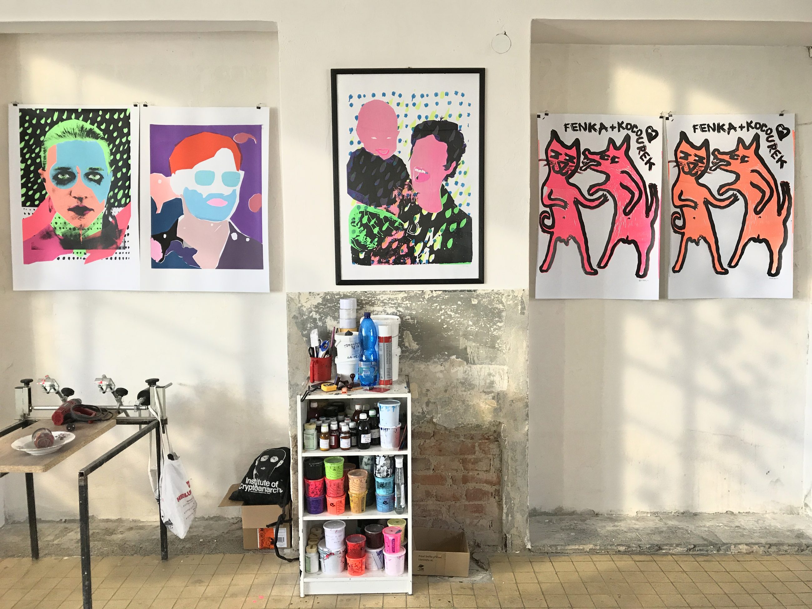 My studio — Továrna, circa 2017 — portraits and cat prints