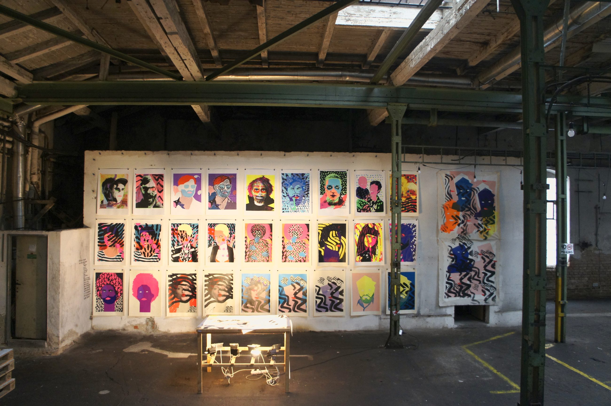 Pop Machine — portraits, Last Show exhibition, Továrna — daytime view of the hall