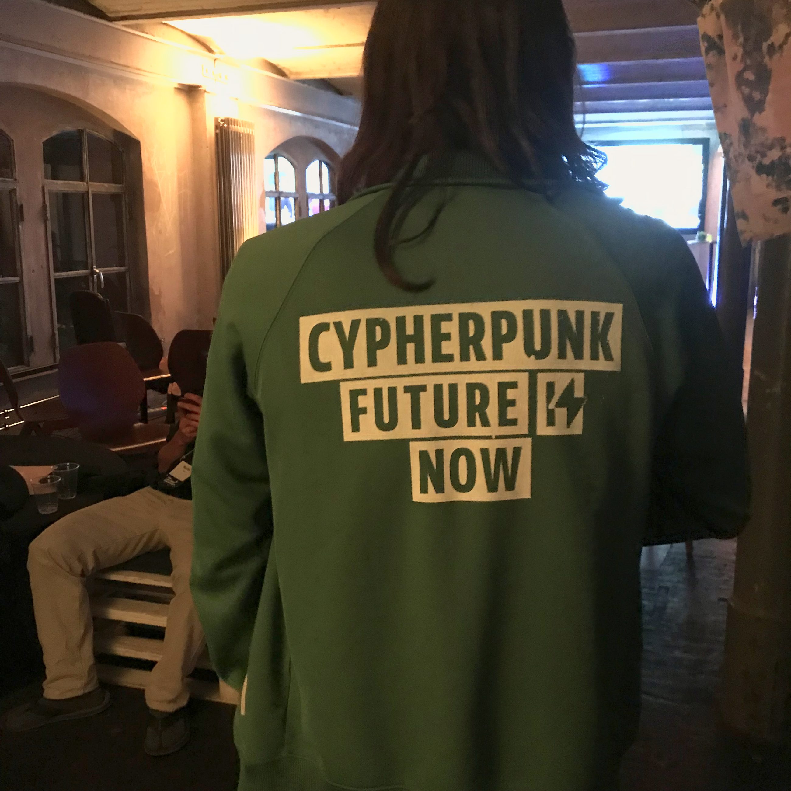 Screen printing session with CypherpunkNow — green sweatshirt