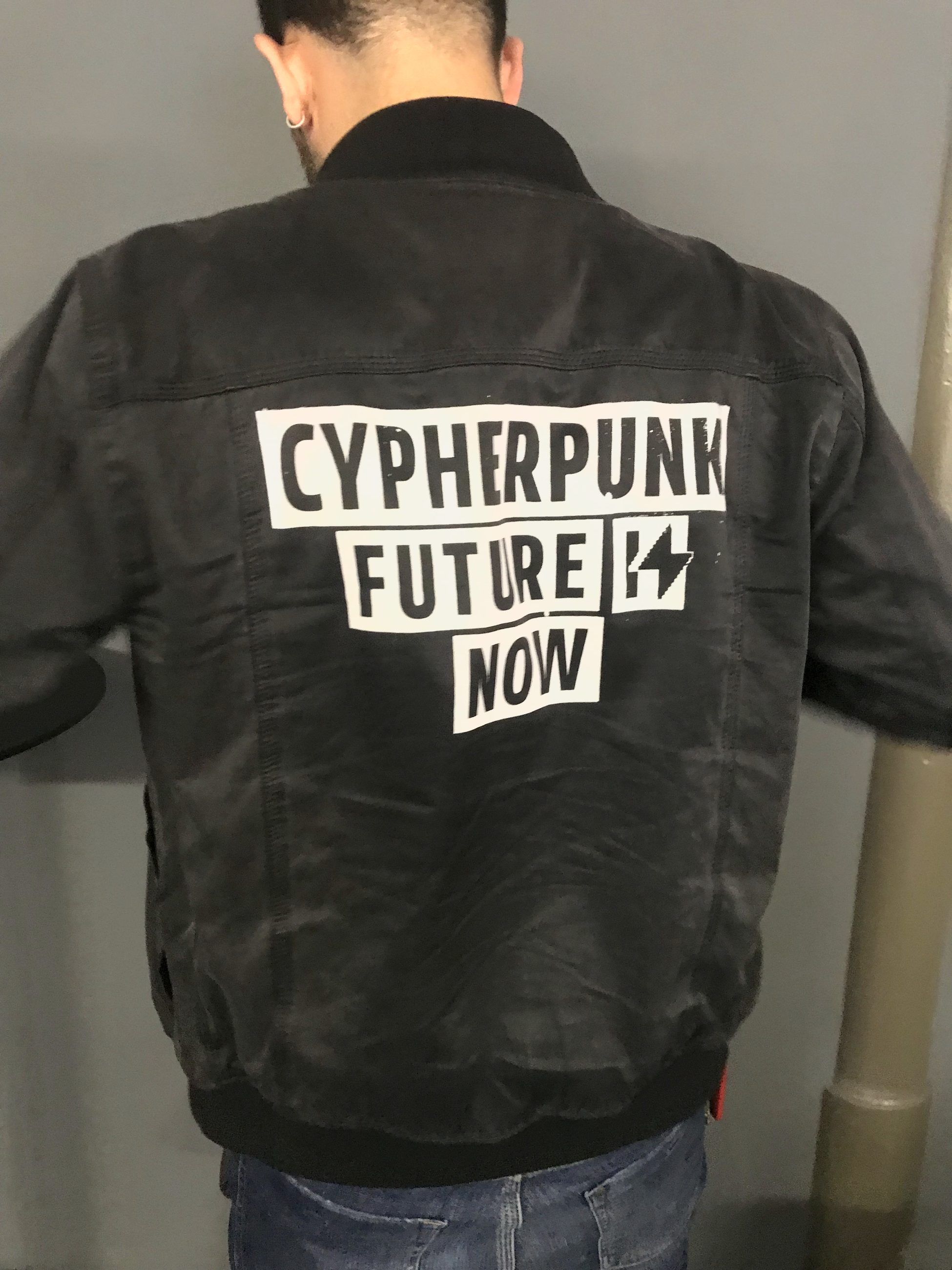 Screen printing session with CypherpunkNow — black jacket