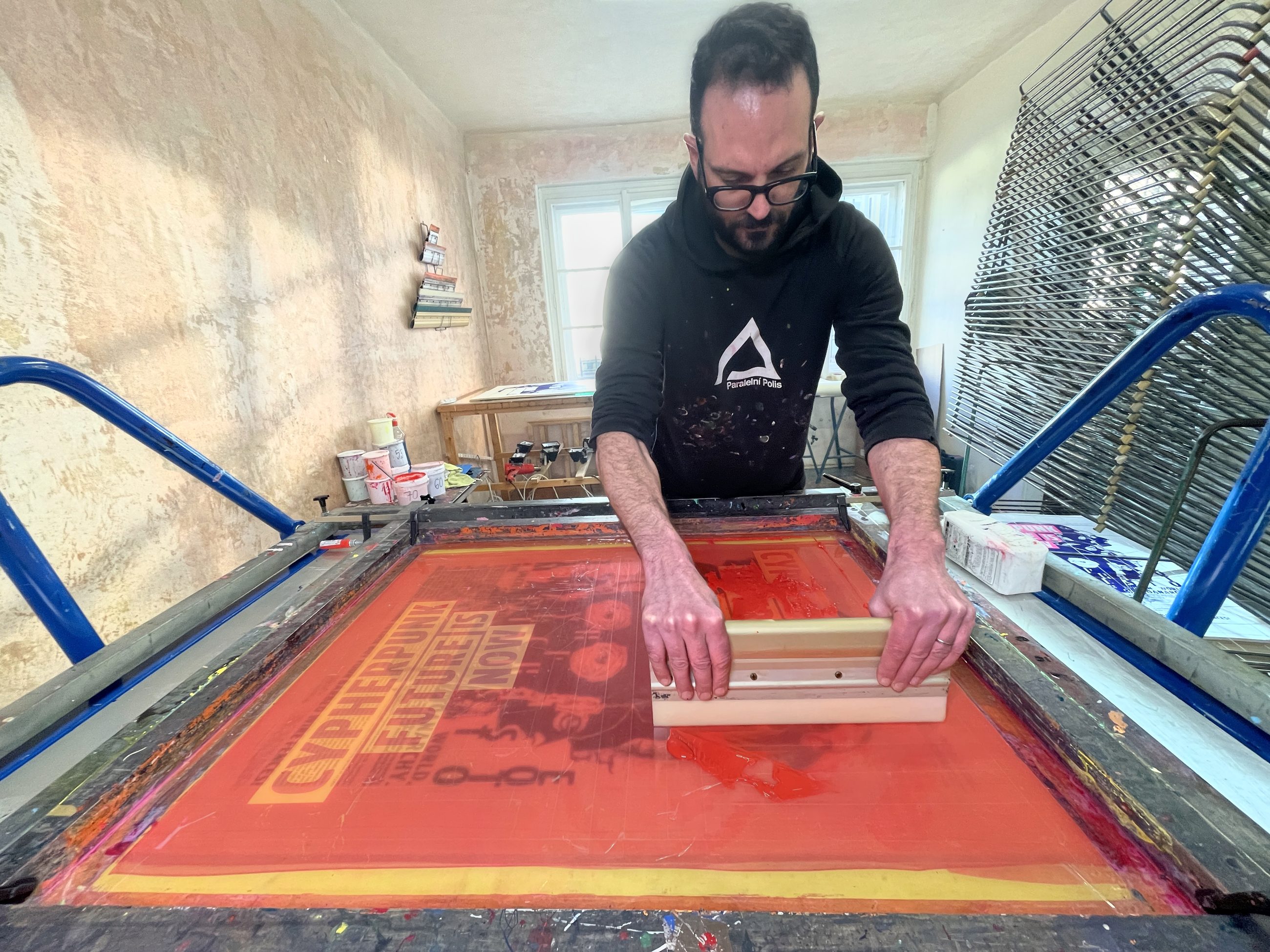 Screen printing in my studio, circa 2022