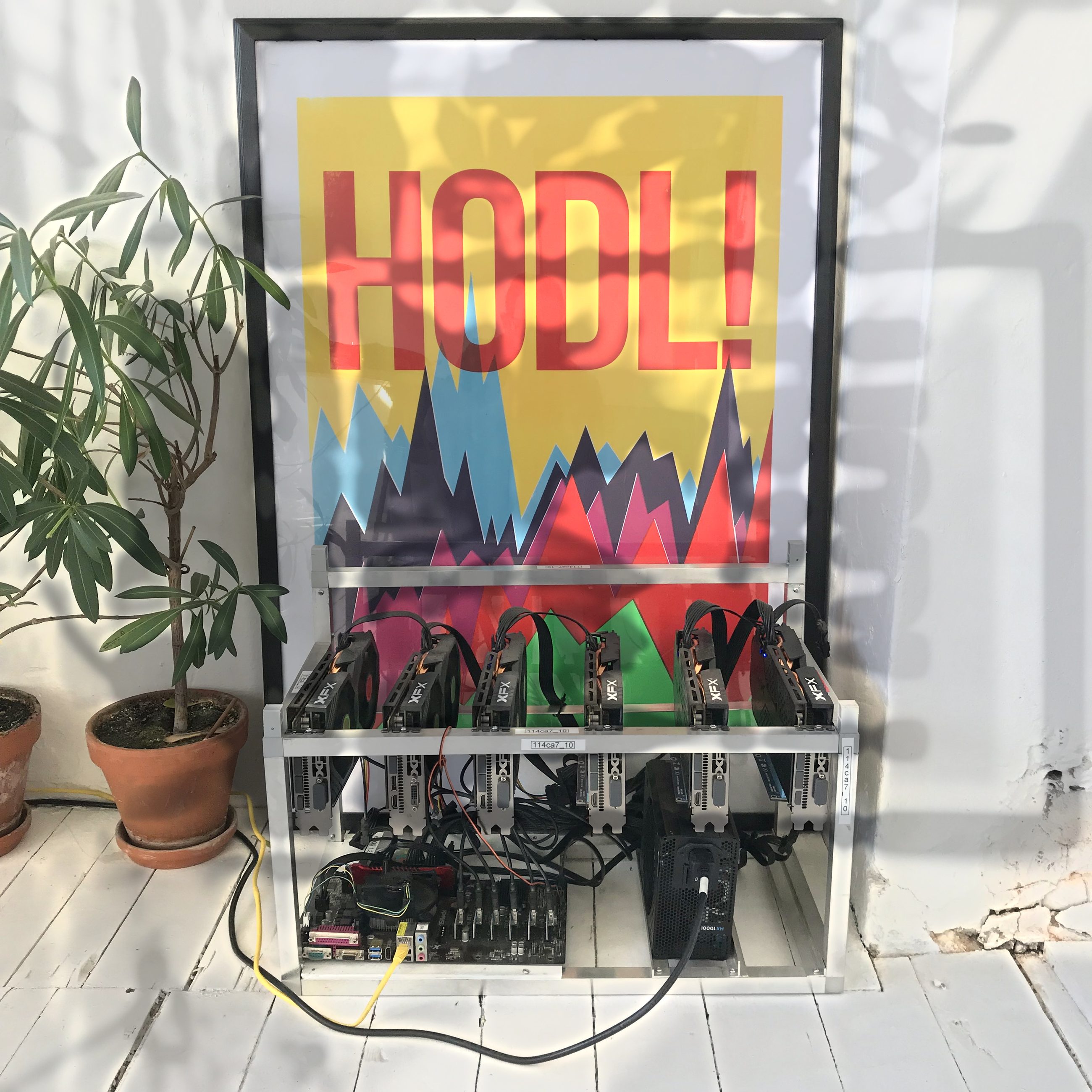 The HODL print — my studio, heated by a mining rig, Továrna, circa 2017