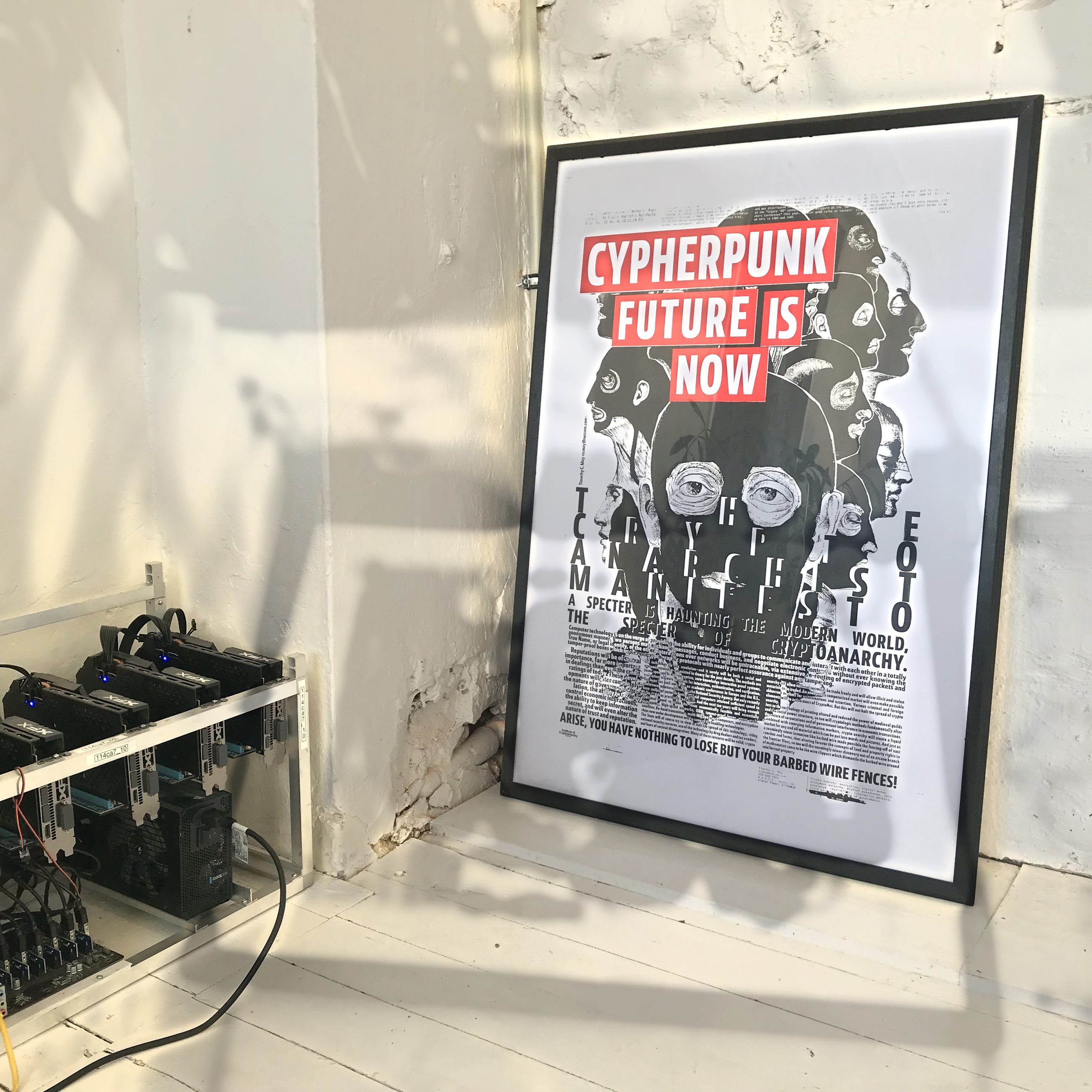 The Manifest of Cryptoanarchist print — my studio, heated by a mining rig, Továrna, circa 2017