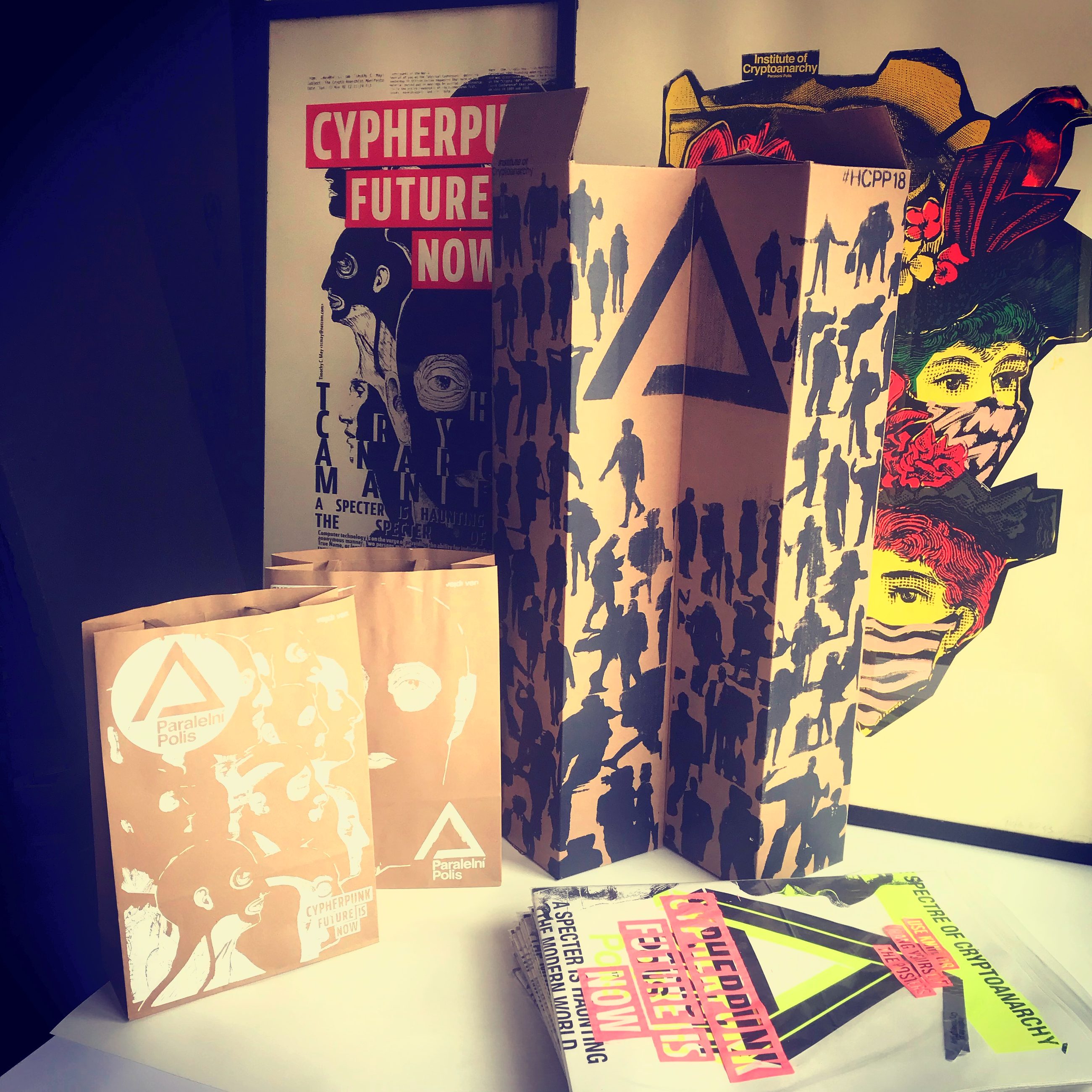 Prints of Cypherpunk Manifest and Privacy Extremists, and the Paralelní Polis yearbook, 2018