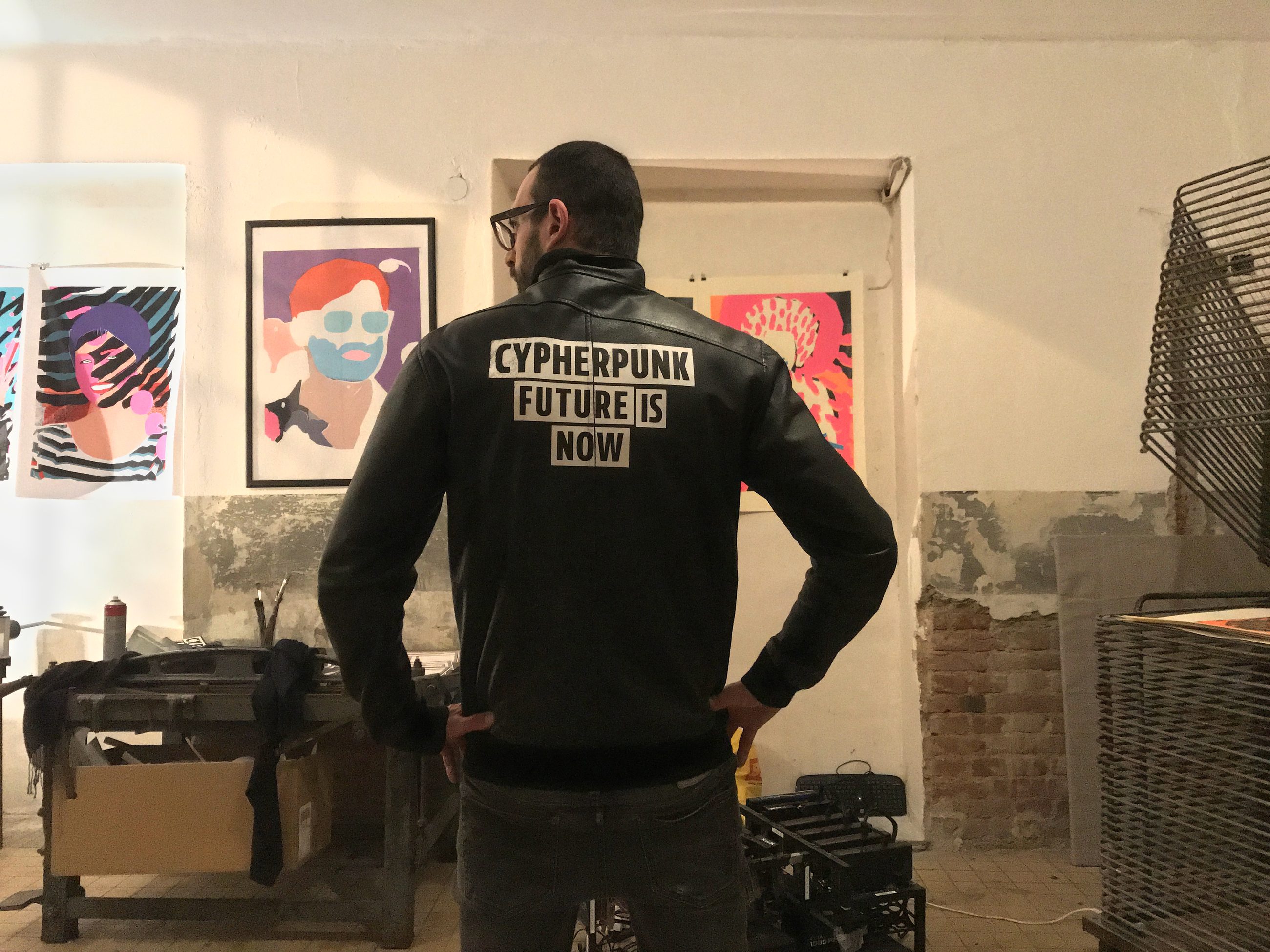 In my studio, wearing my freshly printed leather jacket